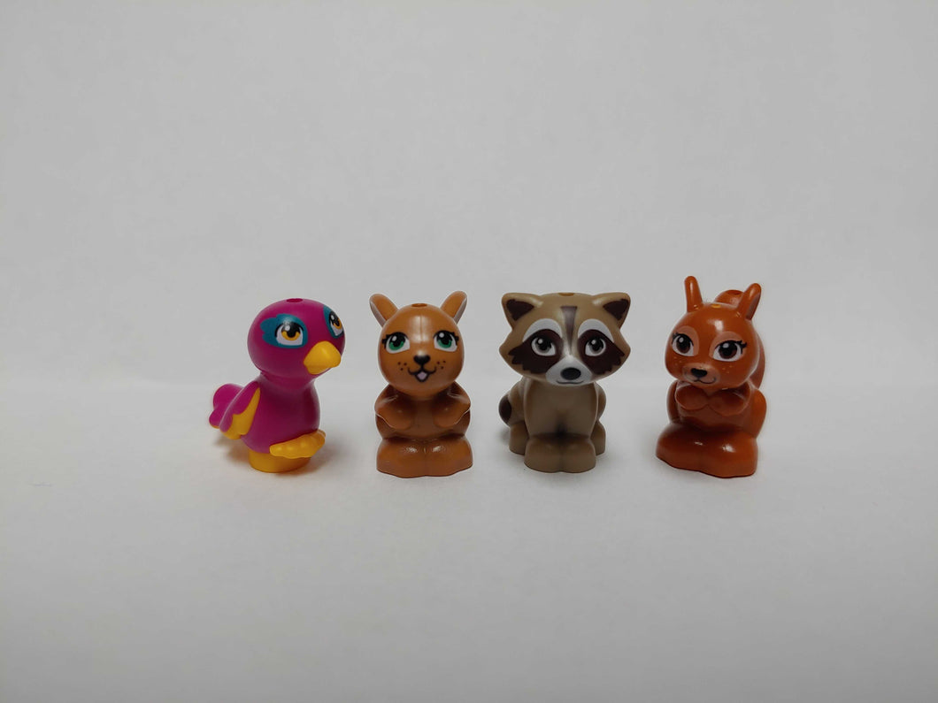 LEGO Minifigure Wildlife with Magenta Bird Set, Friends, Raccoon, Squirrel, Bunny, Bird - 4 pack